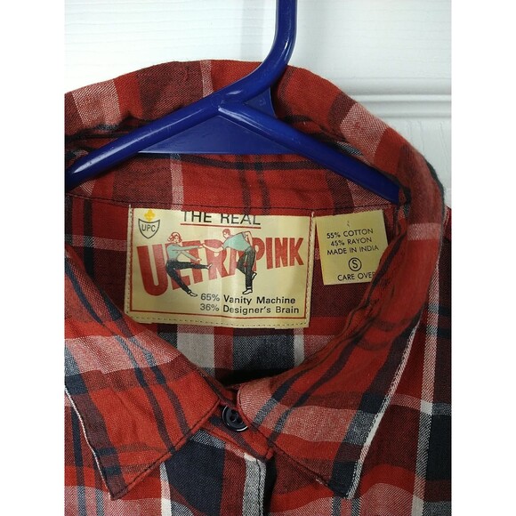 Ultra Pink Men's S Red Flannel Vintage Single Stitch S/S Button Pocket Shirt - Picture 2 of 12